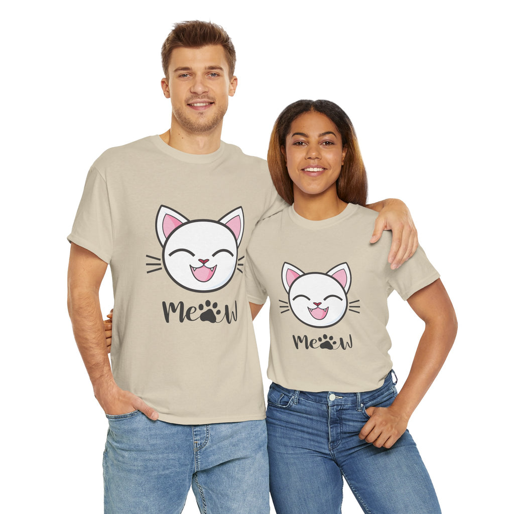 Two people wearing matching sand t-shirts with a cat graphic and 'Meow' text.