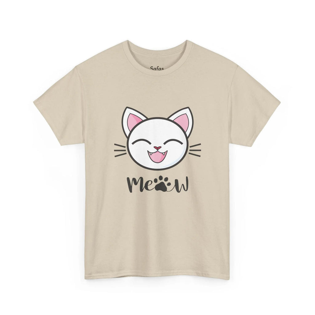 Sand t-shirt with a cat graphic and 'Meow' text on a white background