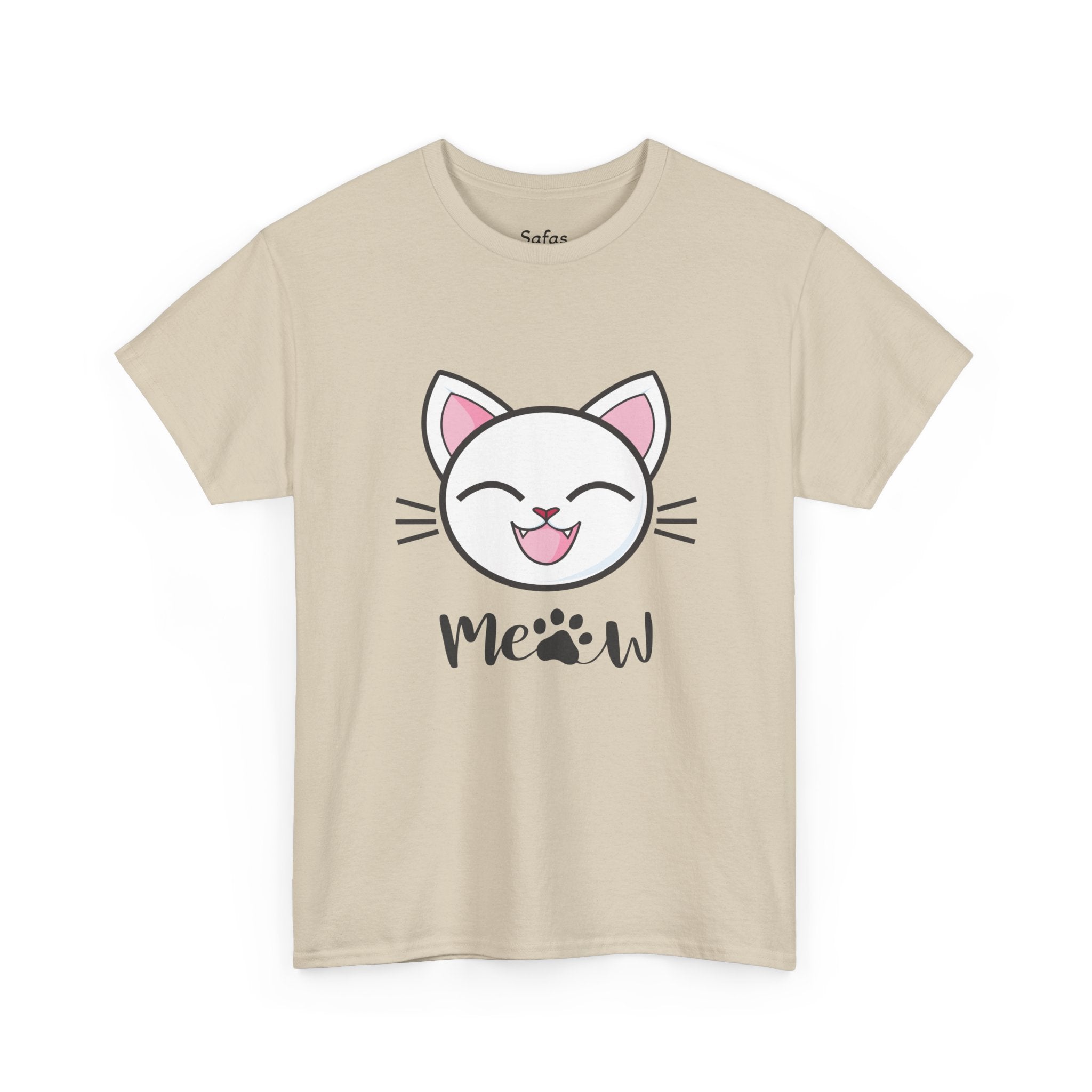 Sand t-shirt with a cat graphic and 'Meow' text on a white background