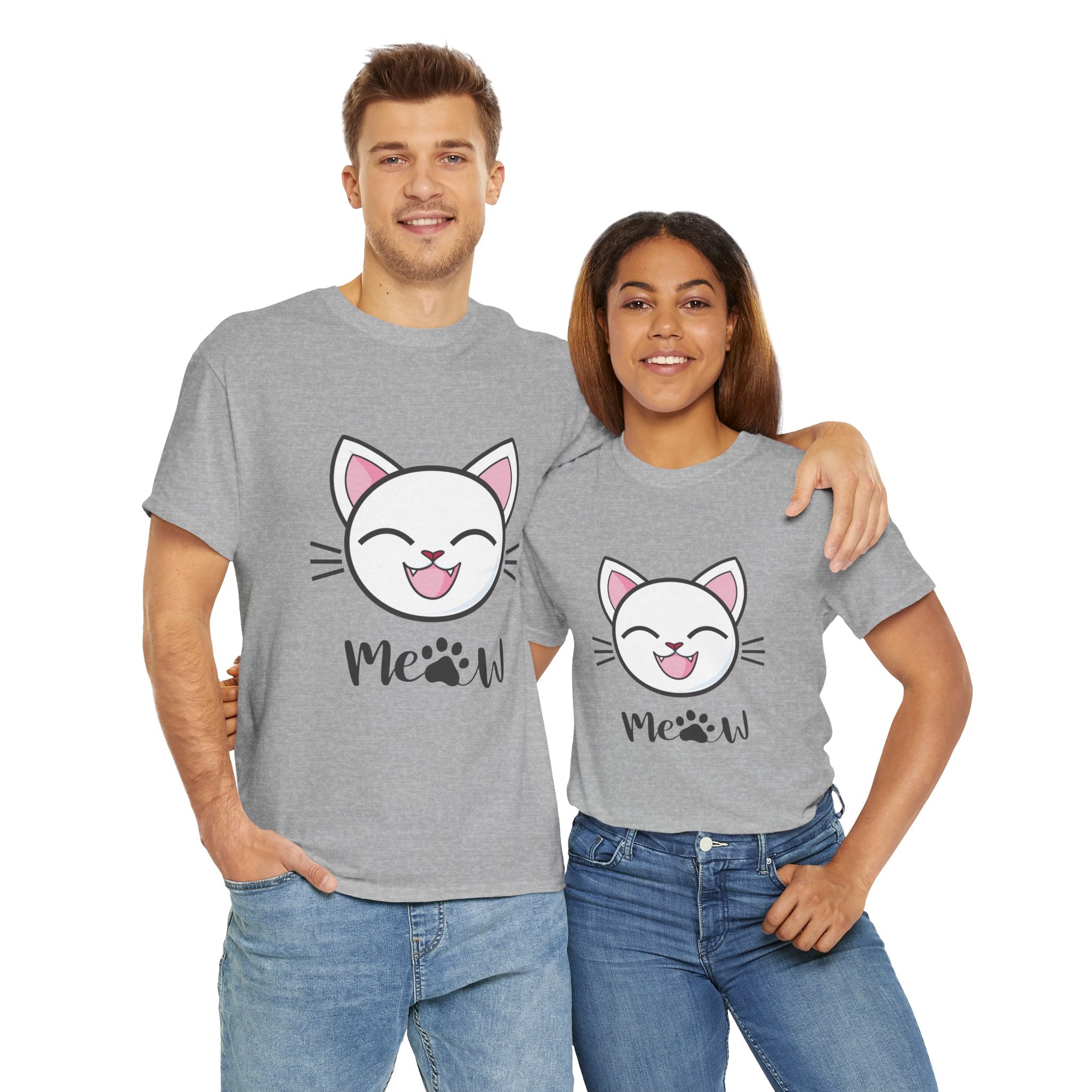 Two people wearing Sport grey t-shirts with cat illustrations and 'Meow' text on a white background.