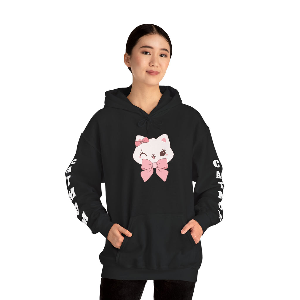 Black hoodie with a cartoon cat design on a white background