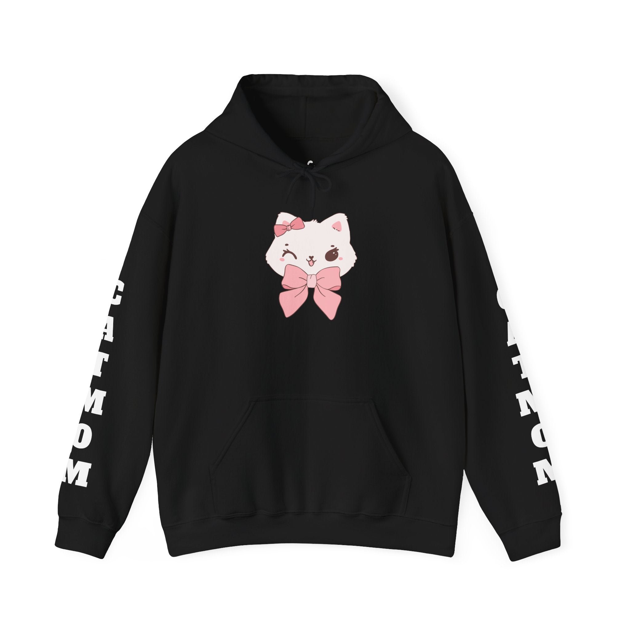 Black hoodie with a cartoon cat design and 'CAT MOM' text on sleeves against a white background