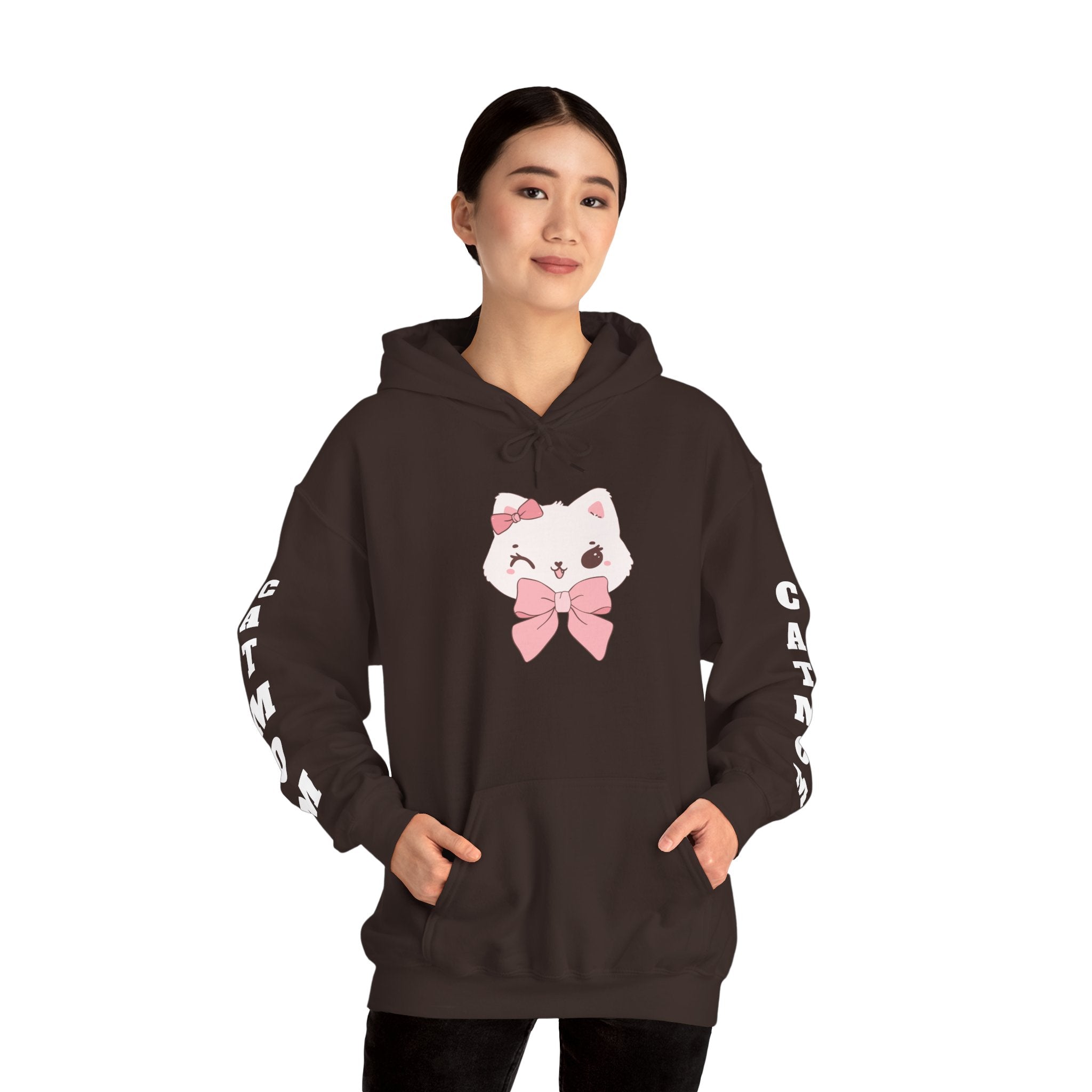 Person wearing a Dark Chocolate hoodie with a cat design and text on a white background