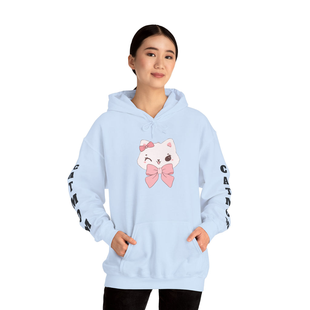 Light blue hoodie with a cartoon cat design and text on a white background