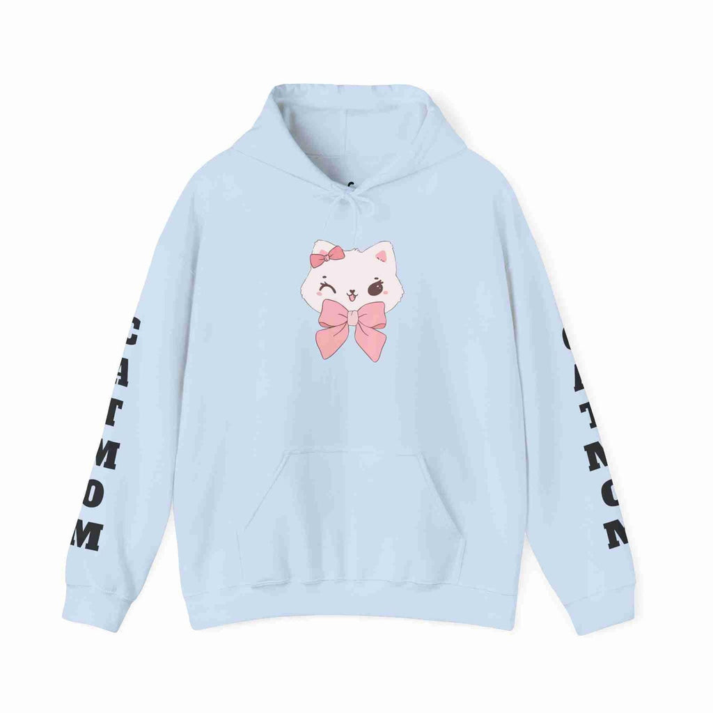 Light blue hoodie with a cartoon cat design and text on sleeves against a white background