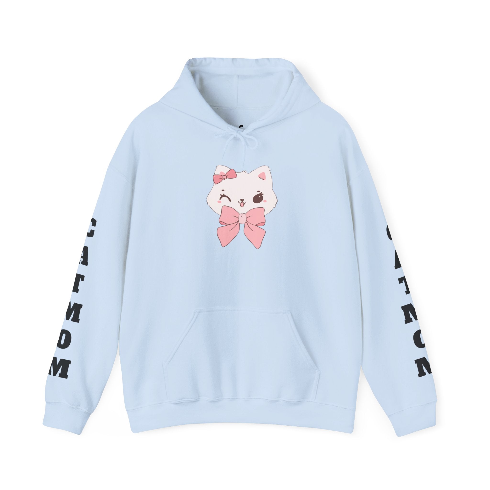 Light blue hoodie with a cartoon cat design and text on sleeves against a white background