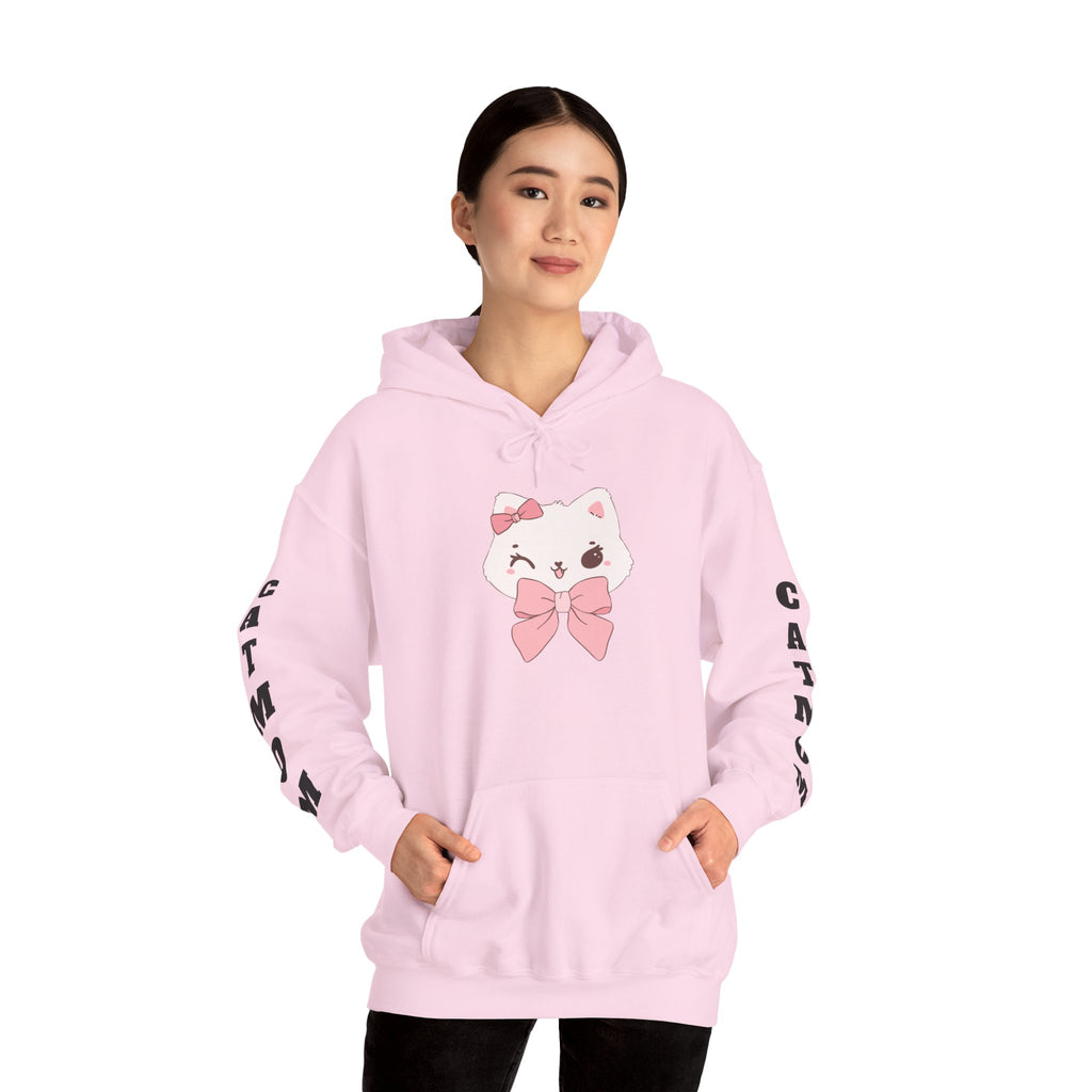 Person wearing a Light pink hoodie with a cartoon character and text on a white background