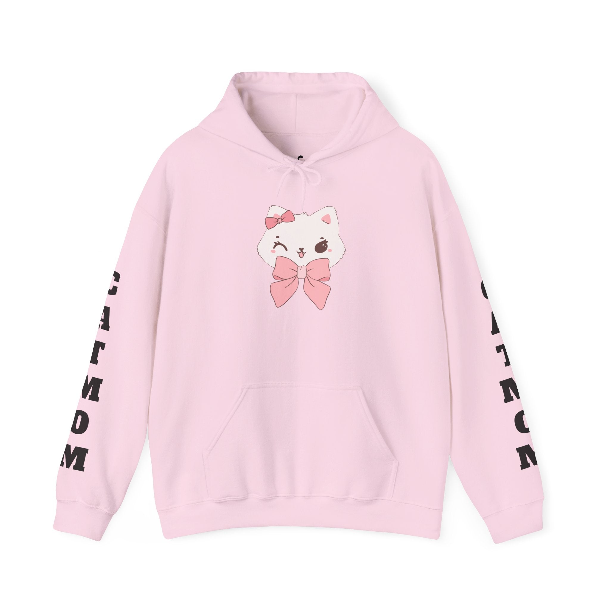 Light Pink hoodie with a cartoon cat design and text on sleeves against a white background