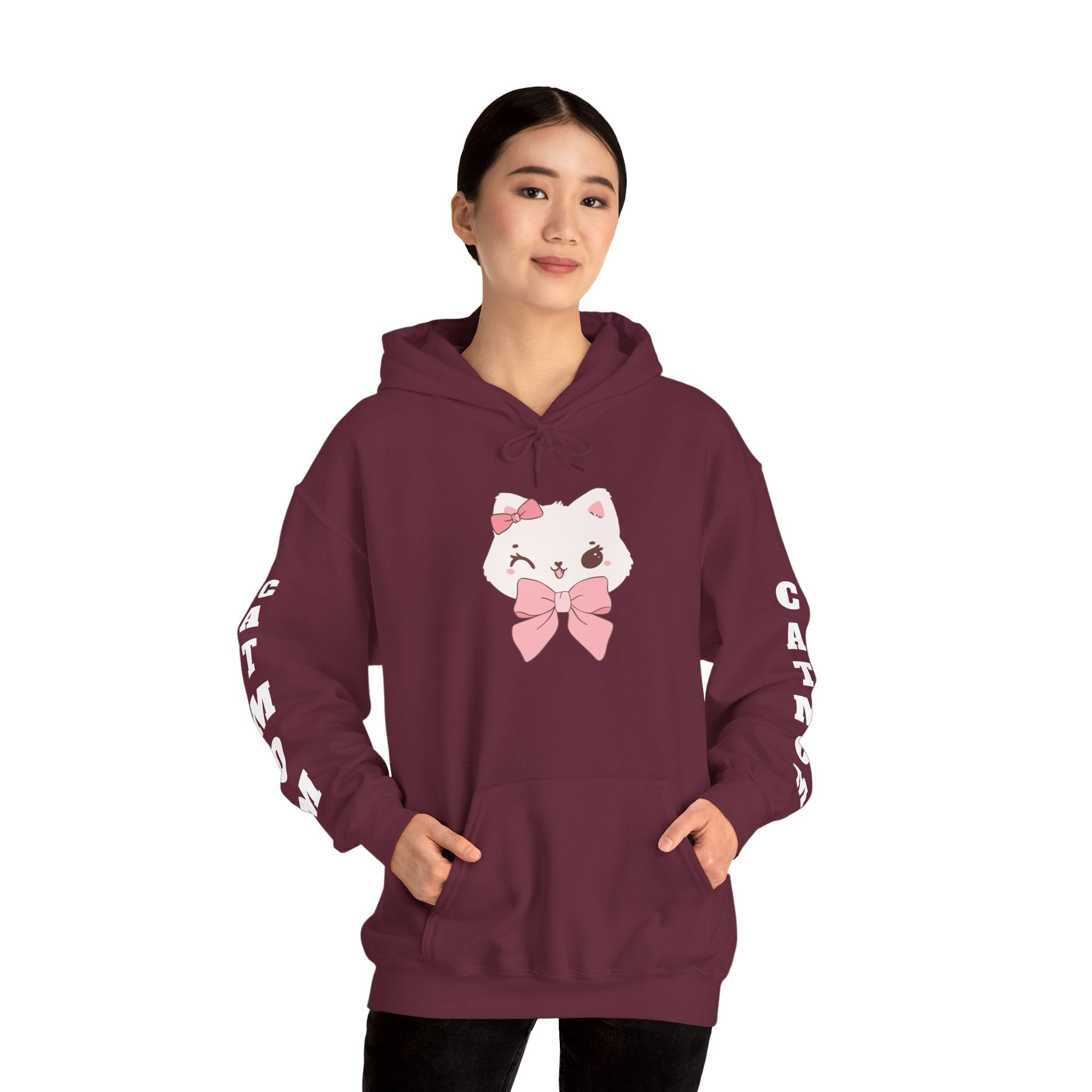 Maroon hoodie with a cartoon cat design on a white background