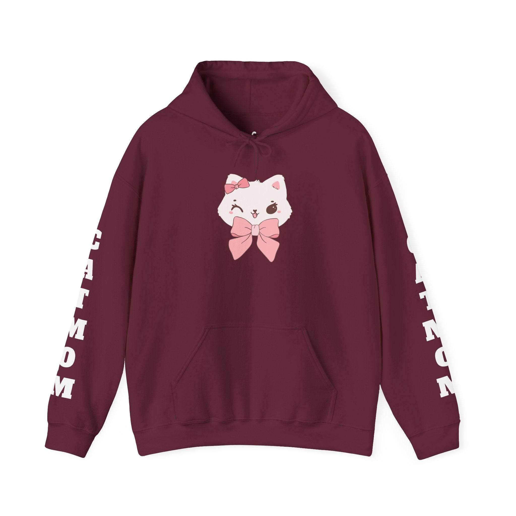 Maroon hoodie with a cat graphic and 'CAT MOM' text on sleeves against a white background