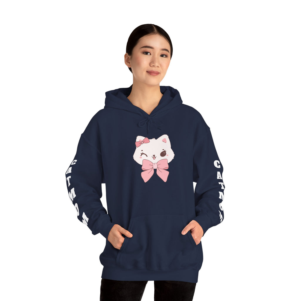 Navy blue hoodie with a cartoon cat design on a white background
