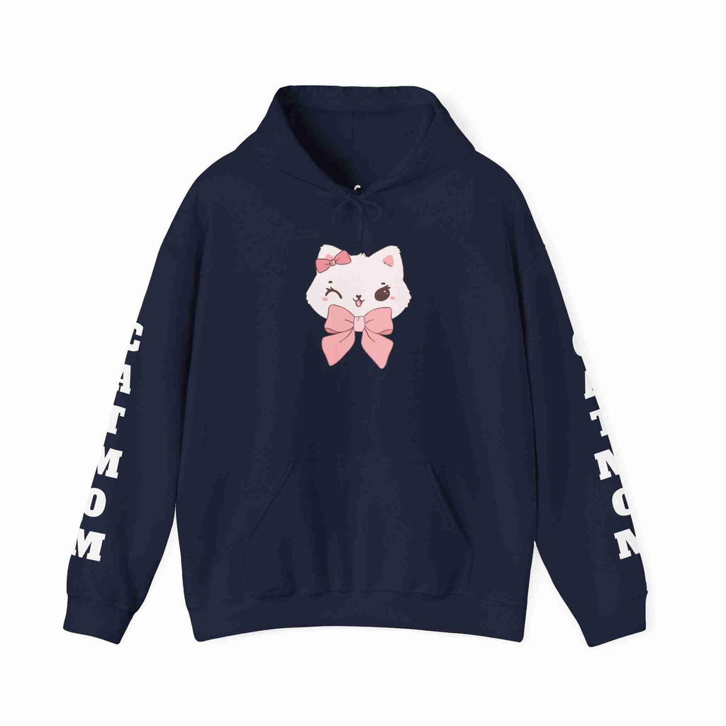 Navy blue hoodie with a cartoon cat face and pink bow design on a white background
