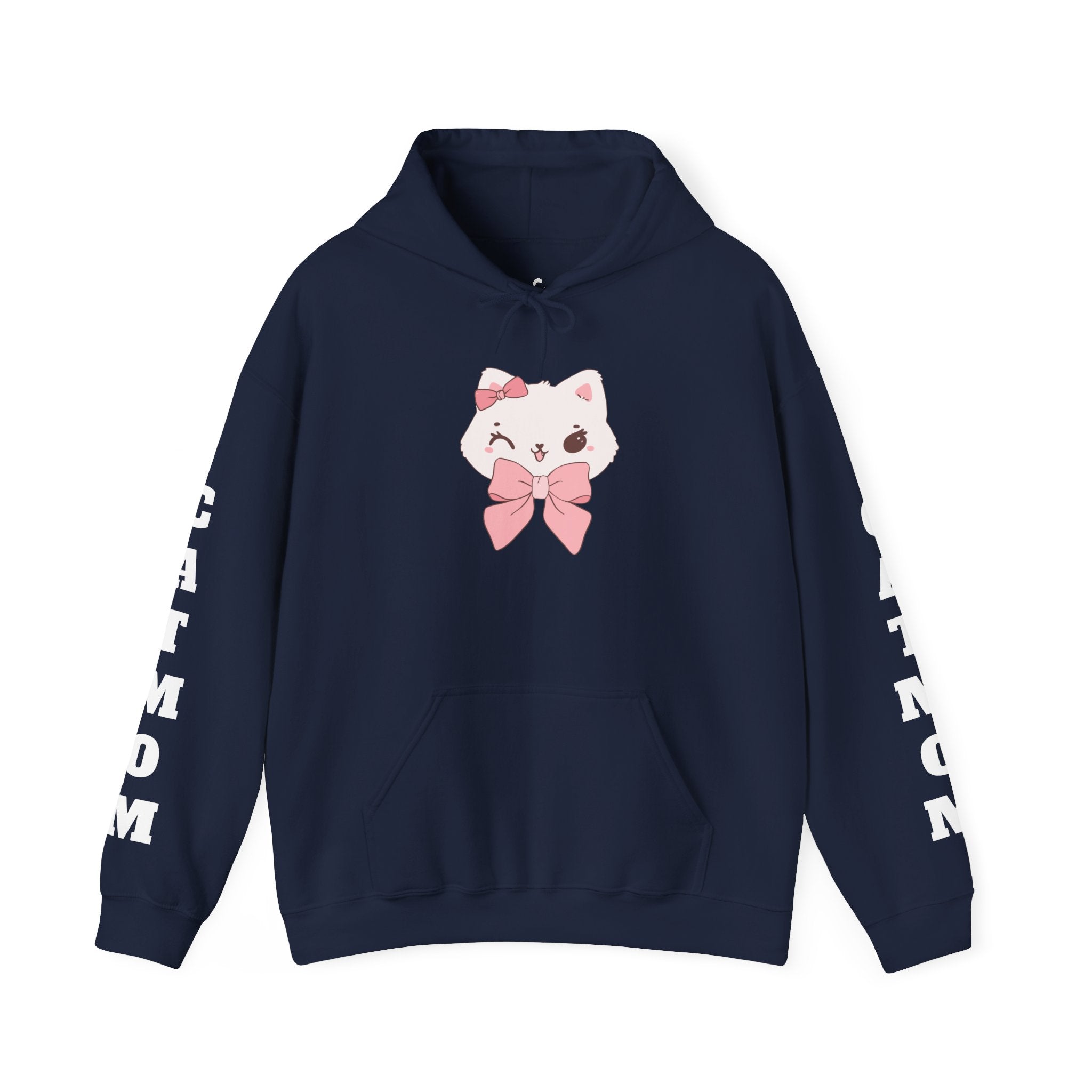 Navy blue hoodie with a cartoon cat face and pink bow design on a white background