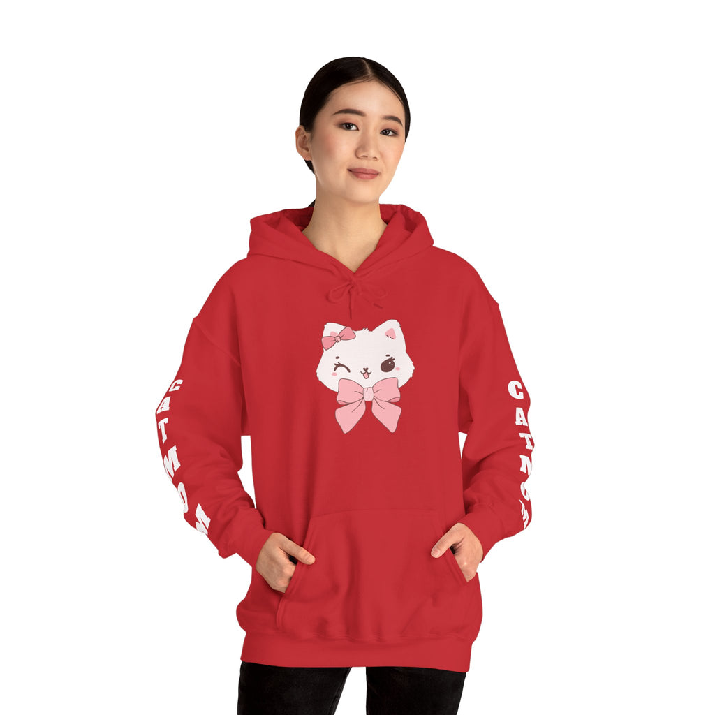 Red hoodie with a cartoon cat design on a white background