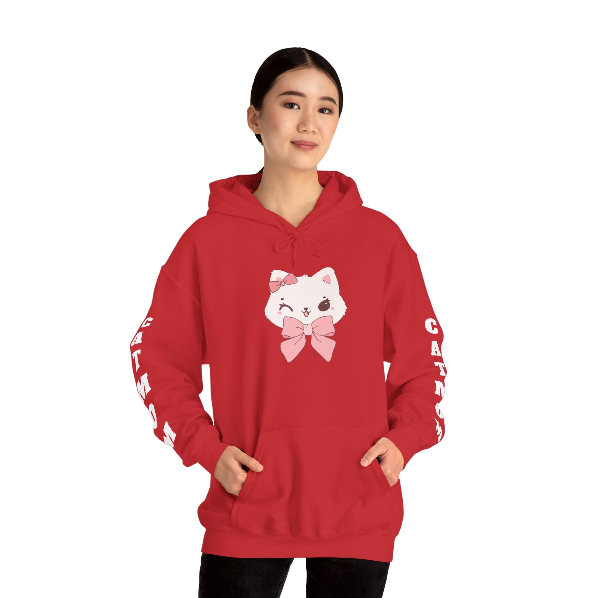 Red hoodie with a cartoon cat design on a white background