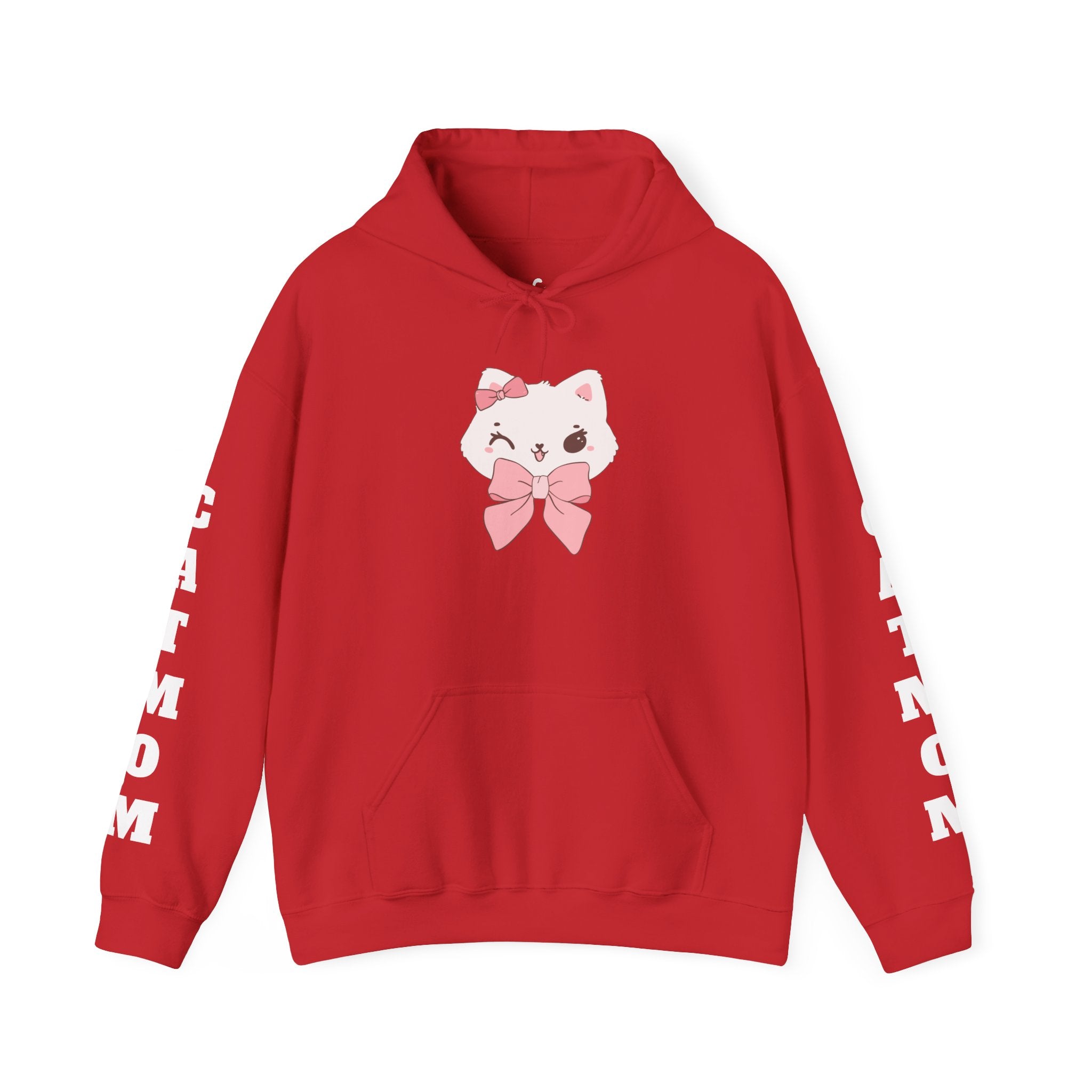 Red hoodie with a cat graphic and text on sleeves against a white background