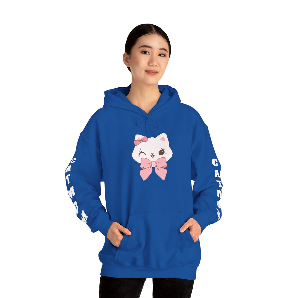 Person wearing a Royal hoodie with a cartoon cat design on a white background