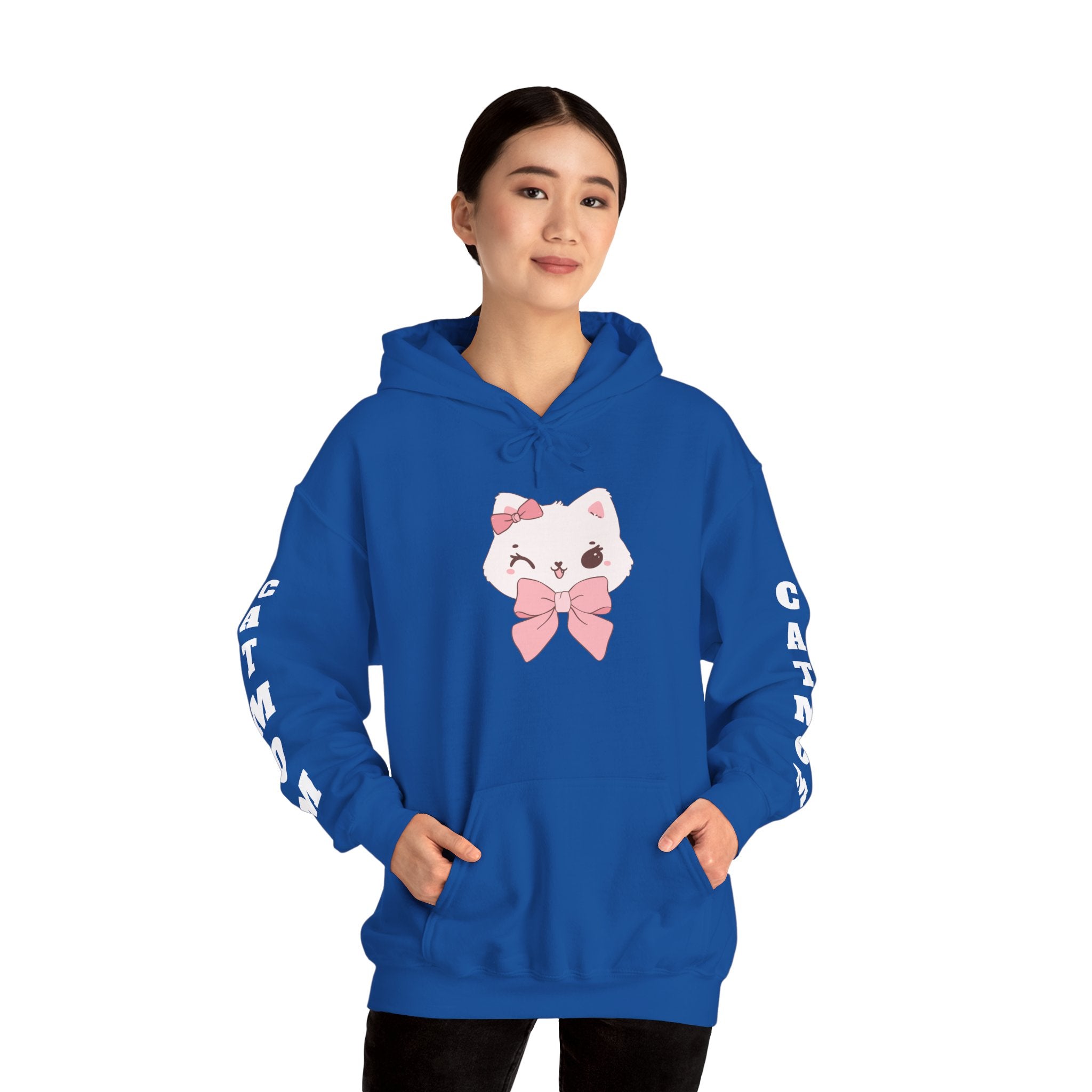 Person wearing a Royal hoodie with a cartoon cat design on a white background