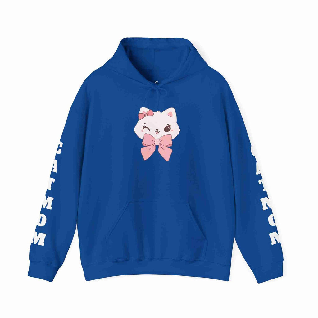 Royal hoodie with a cartoon cat design and text on sleeves against a white background