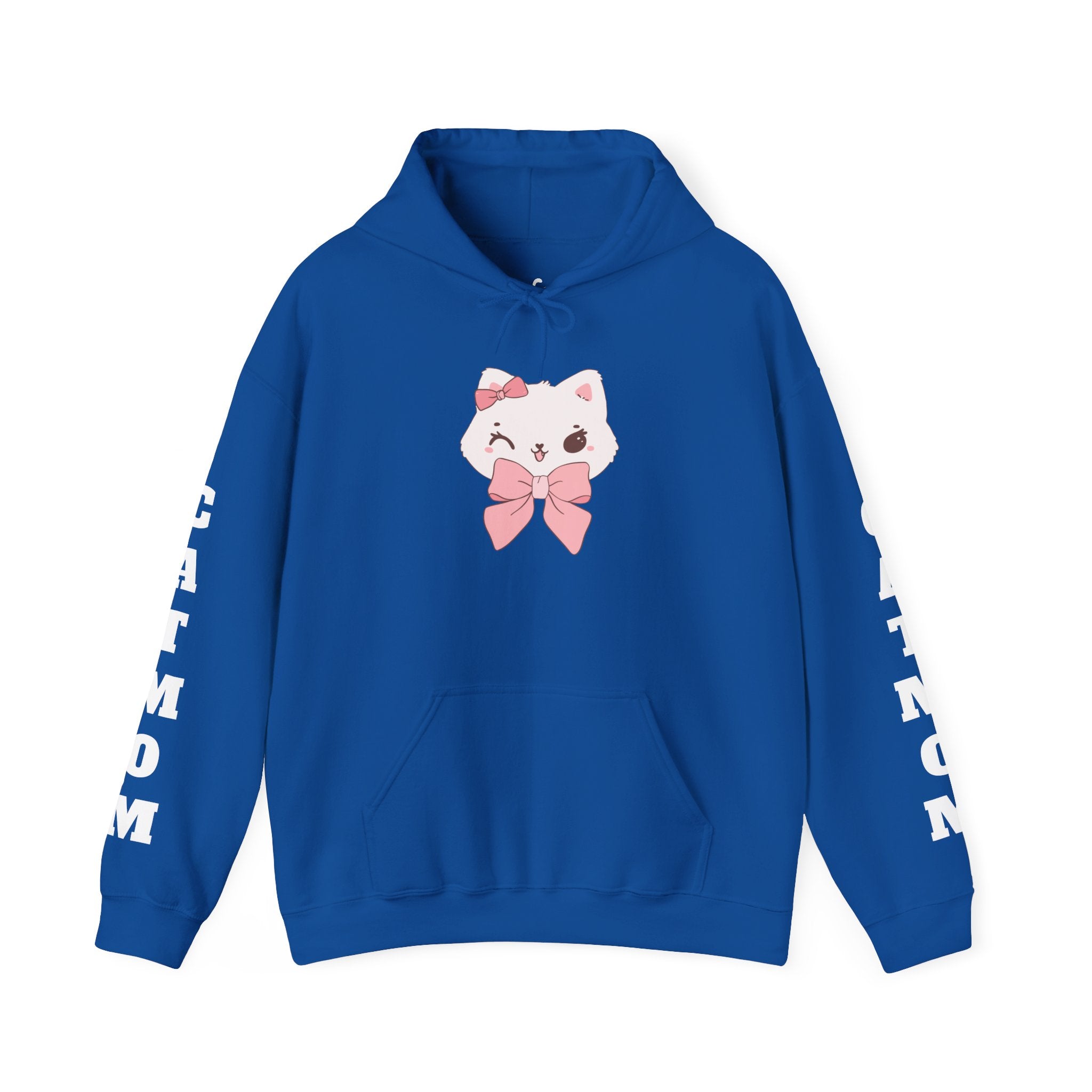 Royal hoodie with a cartoon cat design and text on sleeves against a white background