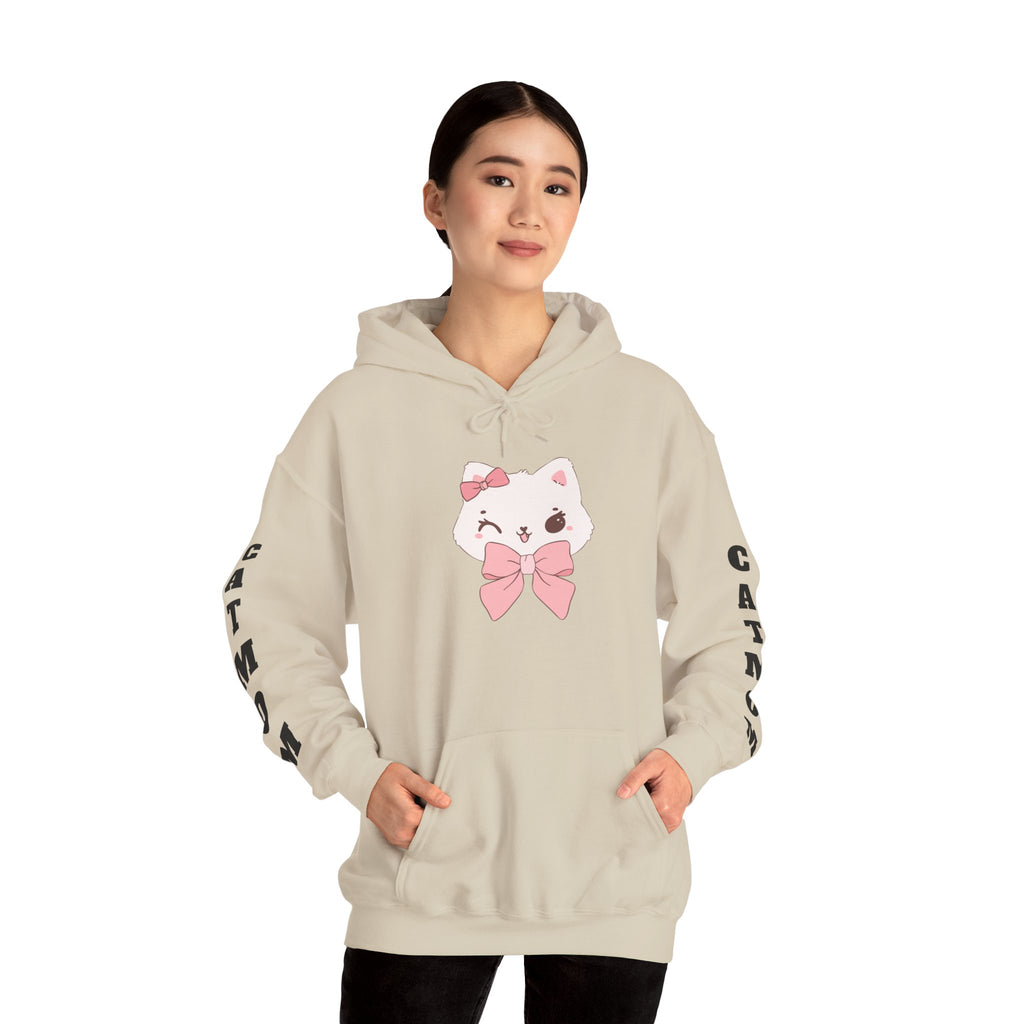 Sand hoodie with a cartoon cat design on a white background