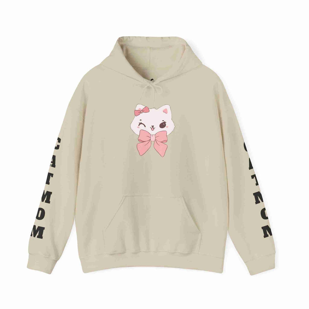 Sand hoodie with a cartoon cat design and text 'CAT MOM'on sleeves against a white background