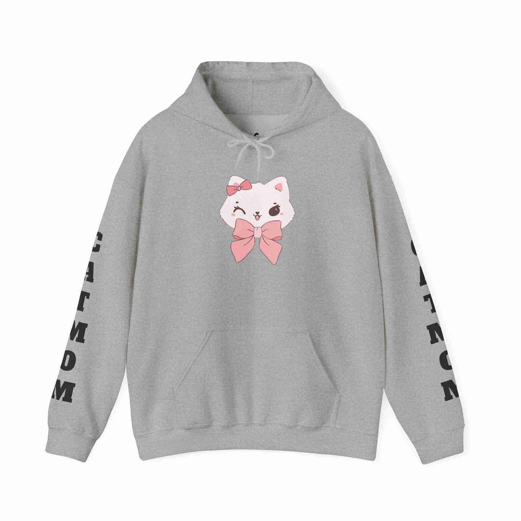Sport Gray hoodie with a cartoon cat design and text 'CAT MOM' on sleeves against a white background
