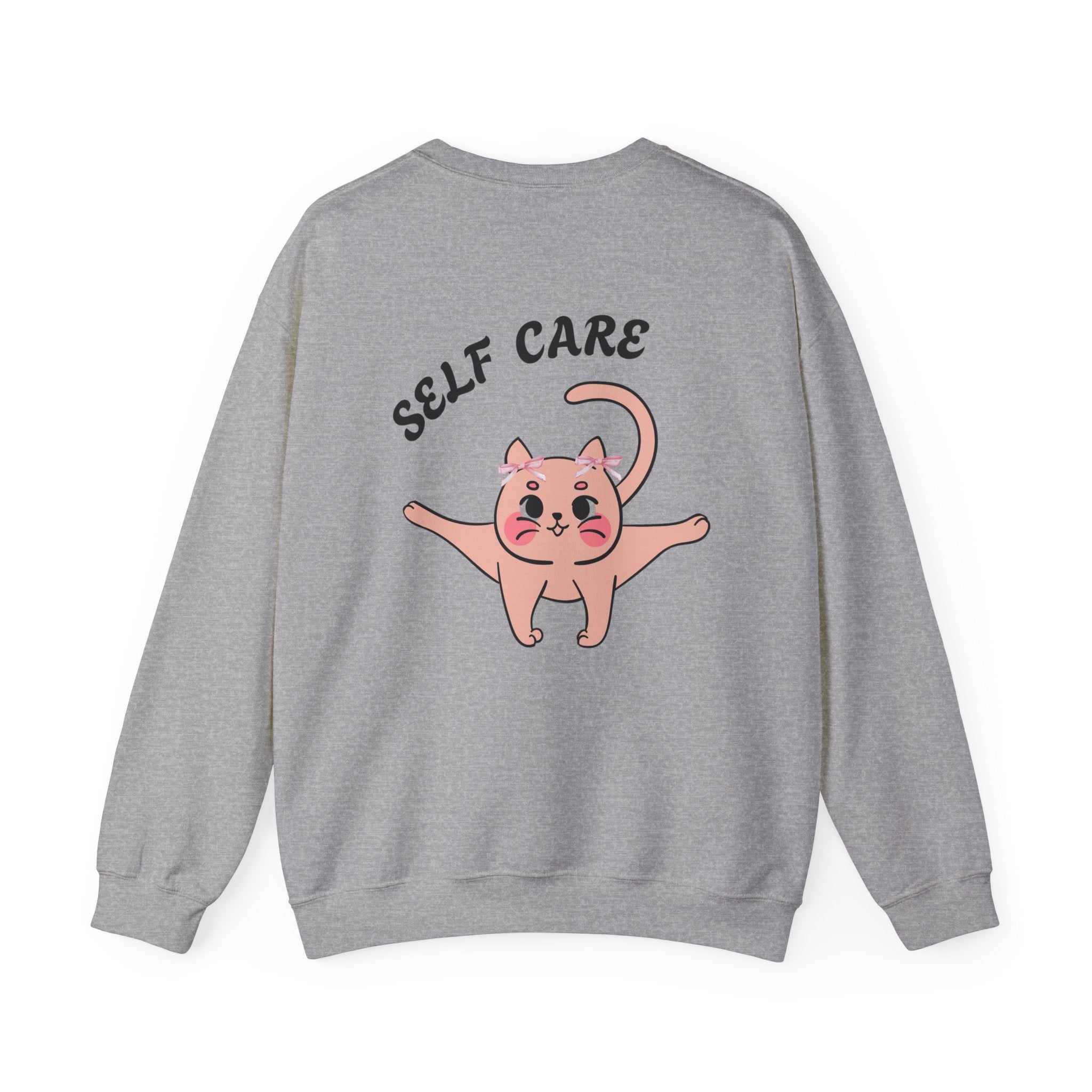 Sport Gray sweatshirt with a pink cat illustration and 'SELF CARE' text on the back.