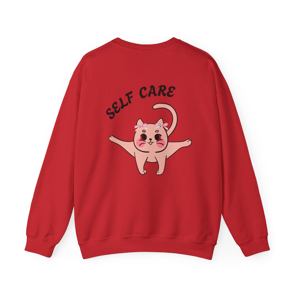 Red sweatshirt with a cartoon cat and 'SELF CARE' text on the back against a white background