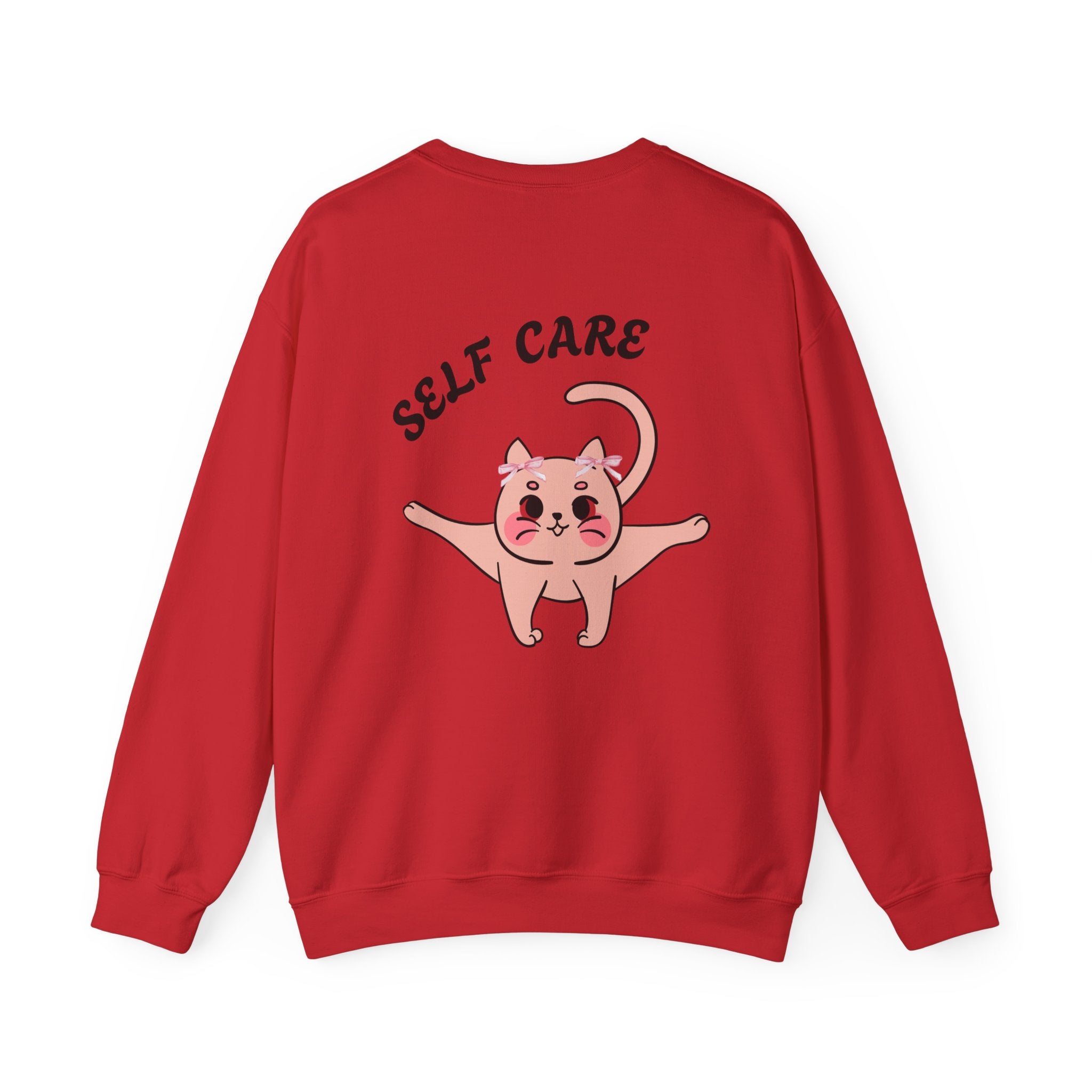 Red sweatshirt with a cartoon cat and 'SELF CARE' text on the back against a white background