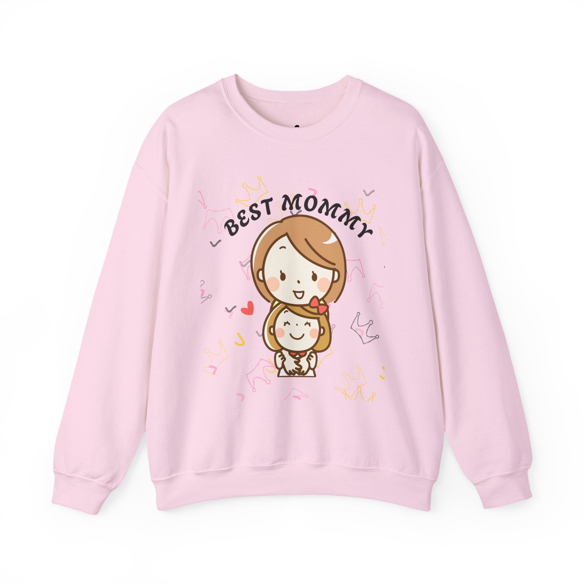 Light Pink sweatshirt with 'Best Mommy' text and cartoon character on a white background
