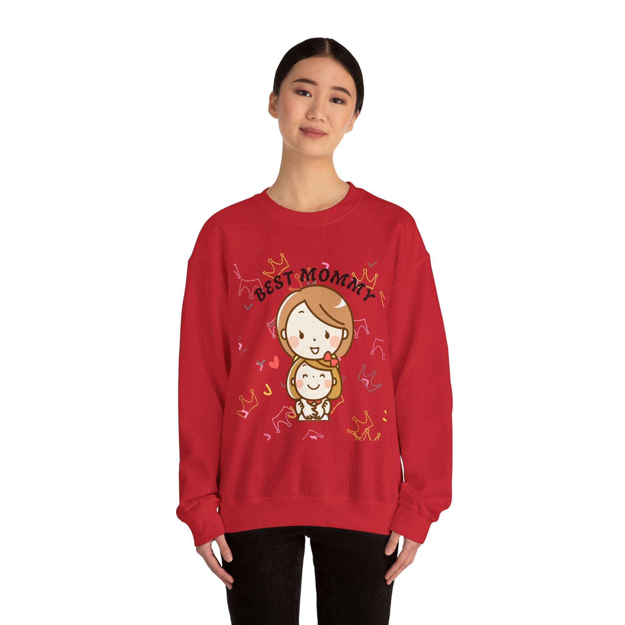 Red sweatshirt with 'Best Mommy' design worn by a person on a white background