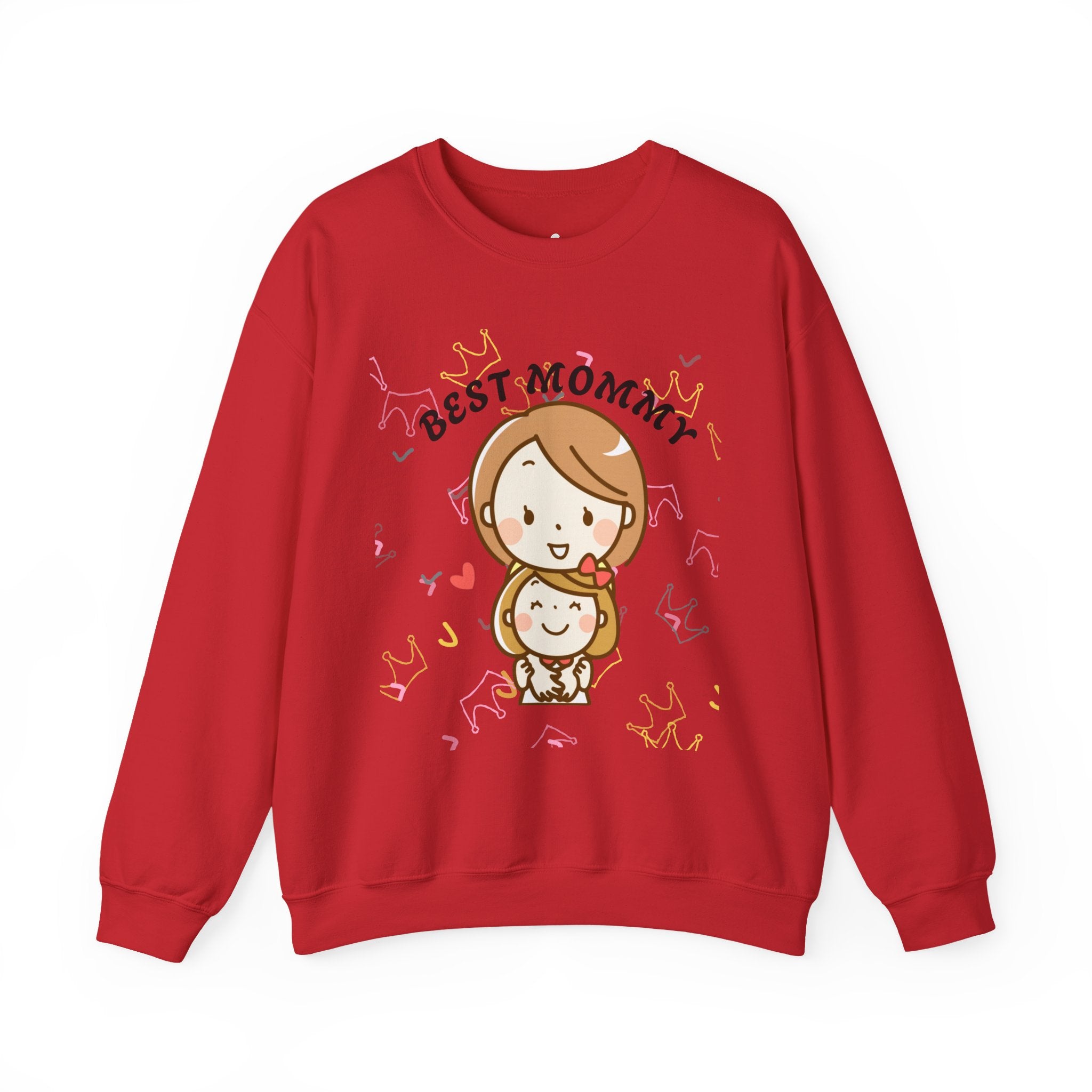 Red sweatshirt with a cartoon design of a woman and child, and 'Best Mommy' text on a white background.