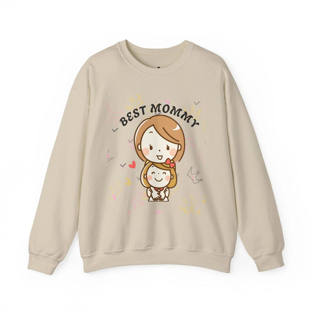 Sand sweatshirt with 'Best Mommy' text and cartoon character on a white background