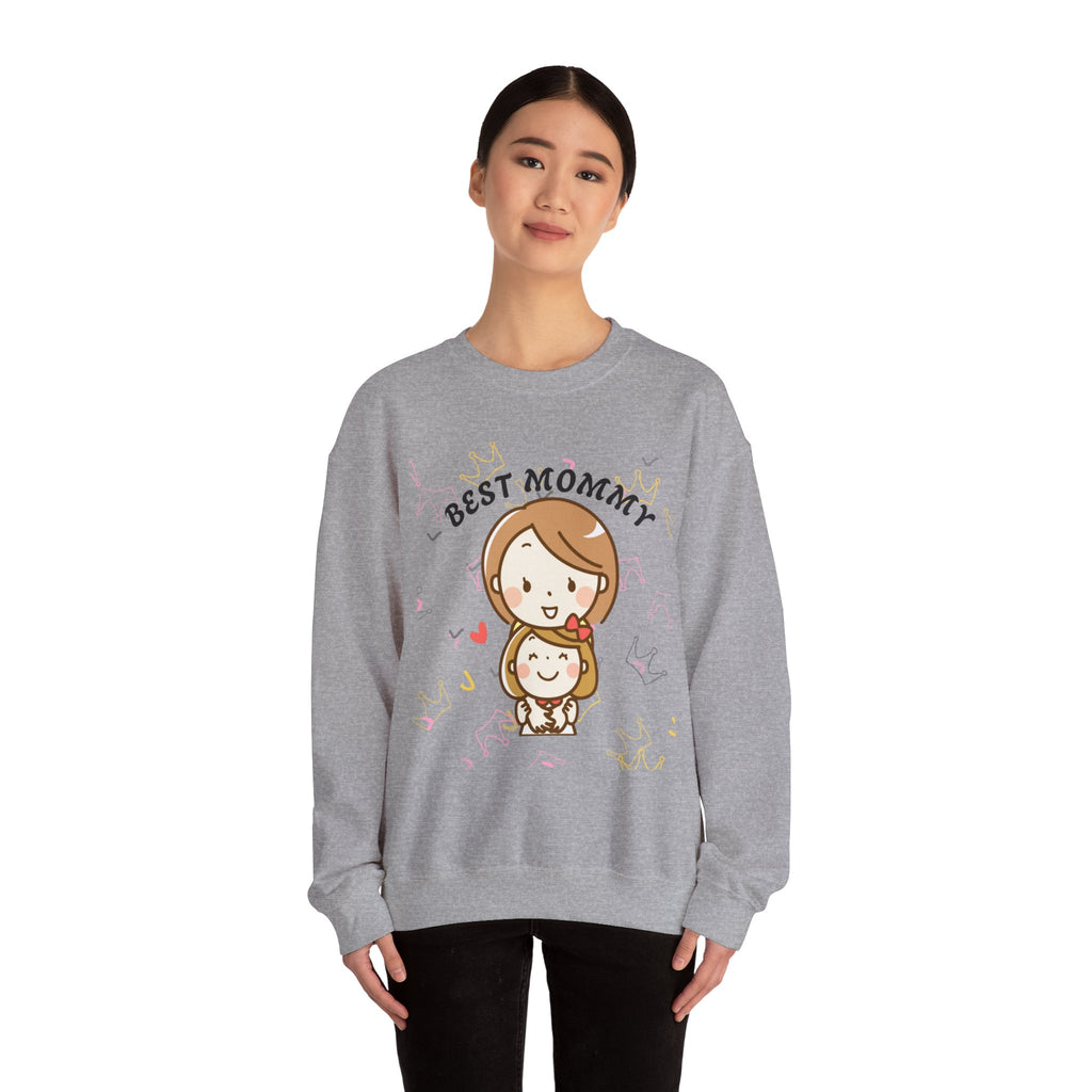 Sport Grey sweatshirt with 'Best Mommy' text and cartoon character worn by a model on a white background