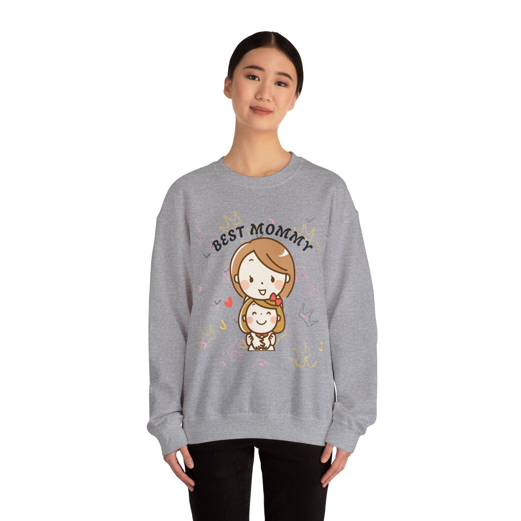Sport Grey sweatshirt with 'Best Mommy' text and cartoon character worn by a model on a white background