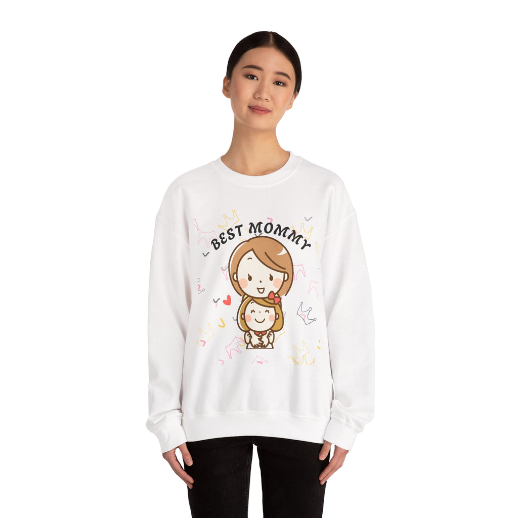 White sweatshirt with 'BEST MOMMY' text and cartoon character worn by a person on a white background
