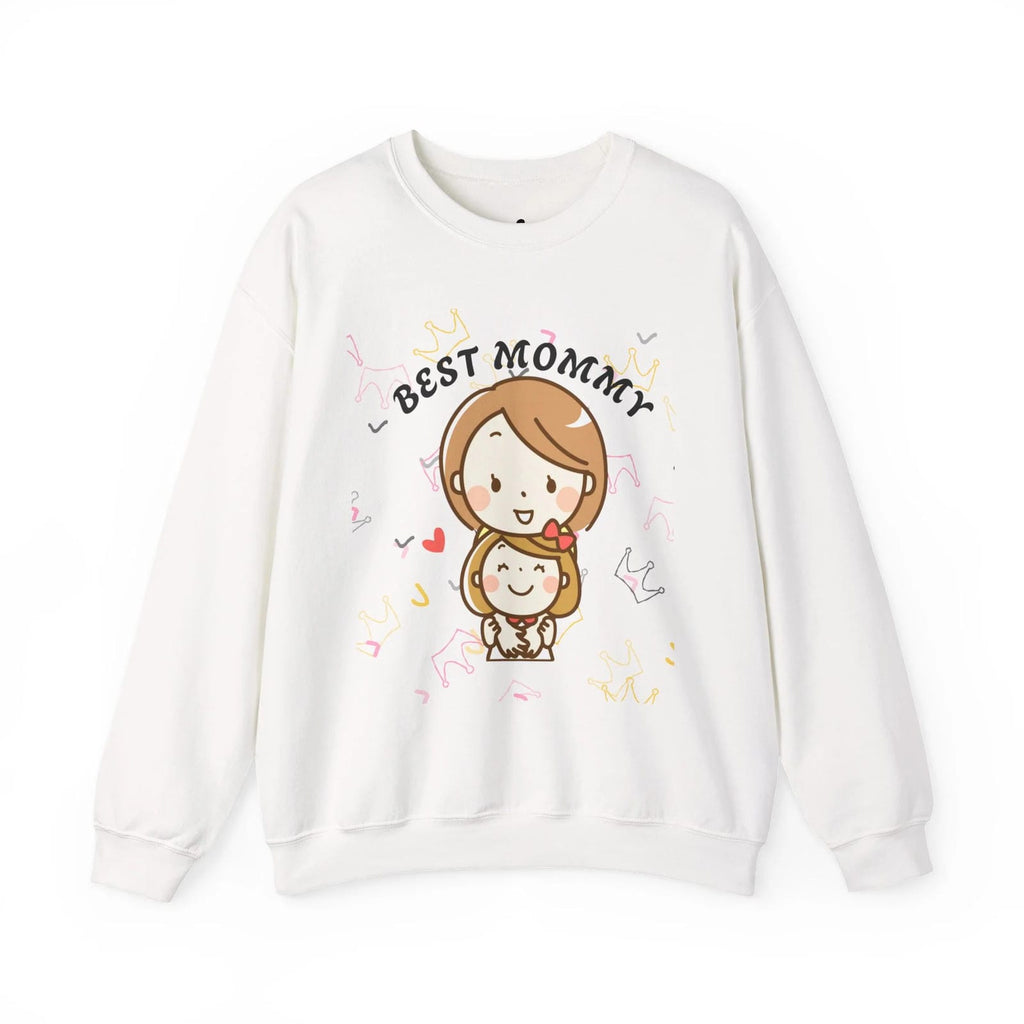 White sweatshirt with 'Best Mommy' text and cartoon design on a white background
