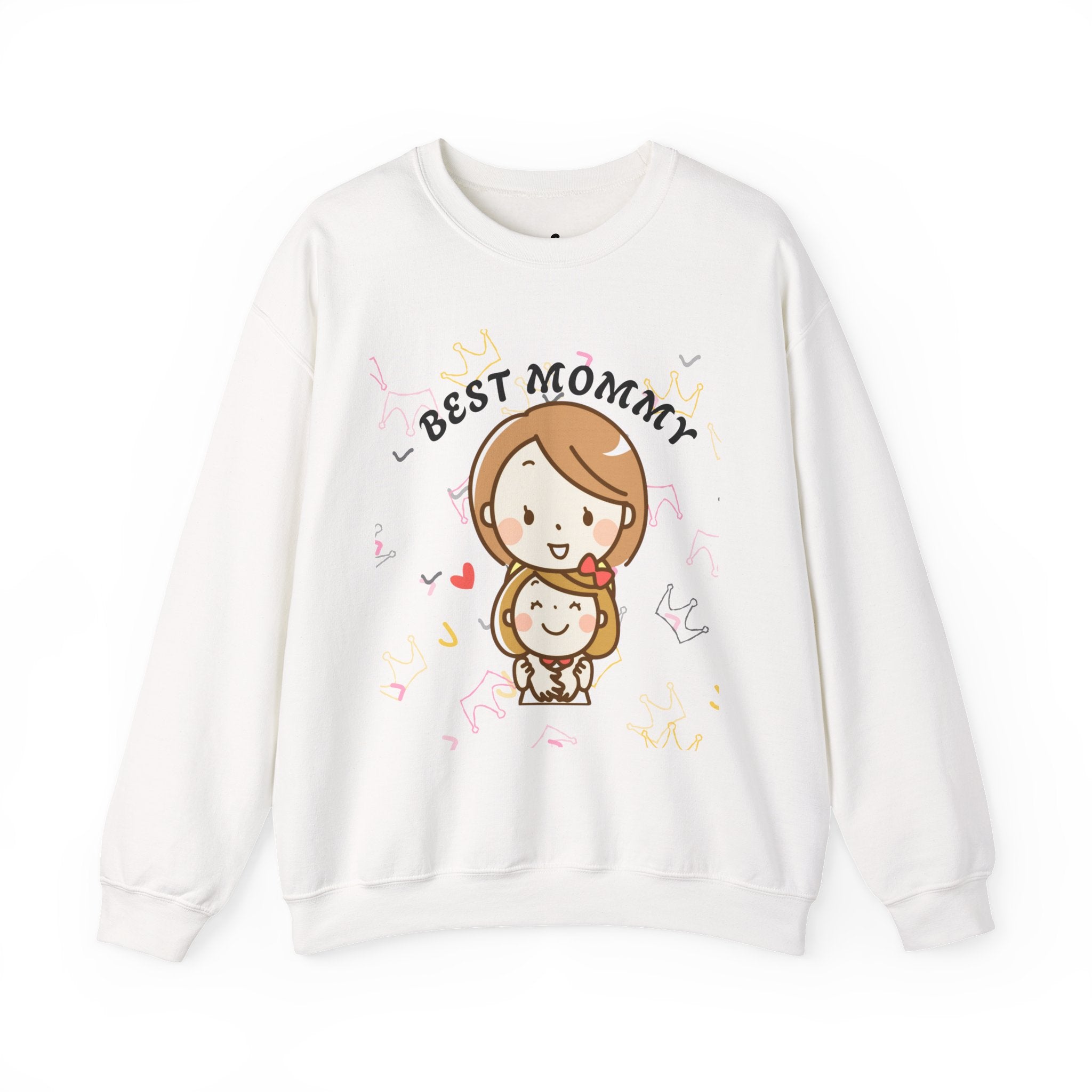 White sweatshirt with 'Best Mommy' text and cartoon design on a white background
