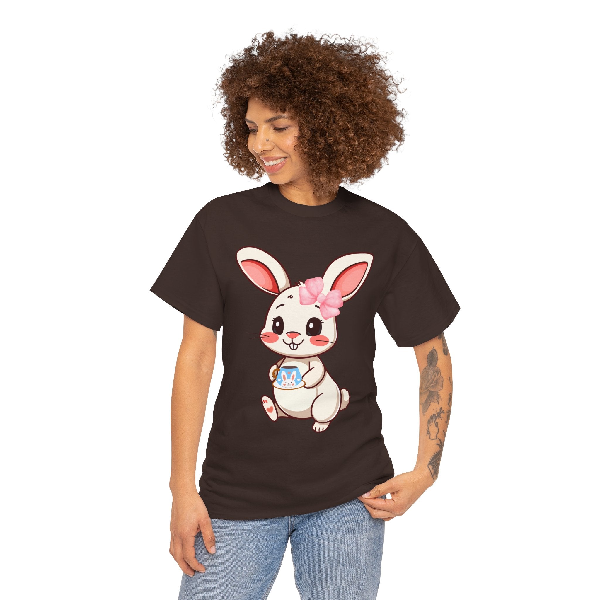 Person wearing a Dark Chocolate t-shirt with a cartoon bunny design on a white background