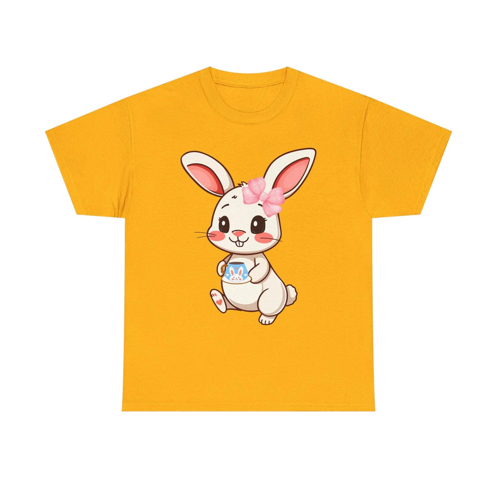 Gold t-shirt with a cartoon rabbit design on a white background