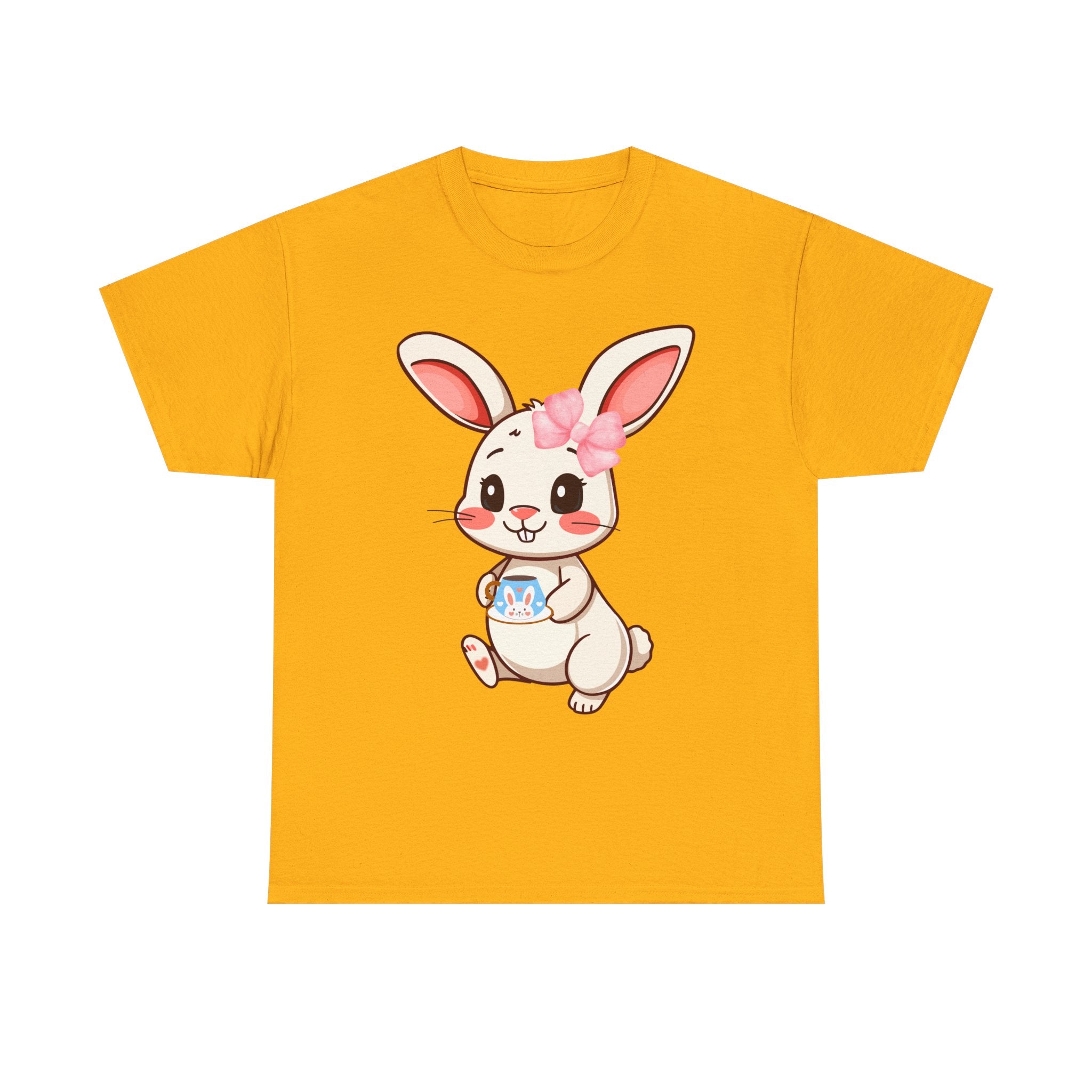 Gold t-shirt with a cartoon rabbit design on a white background
