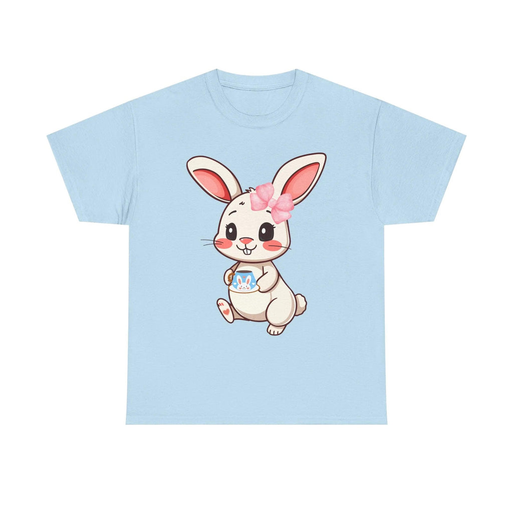 Light blue t-shirt with a cartoon bunny design on a white background