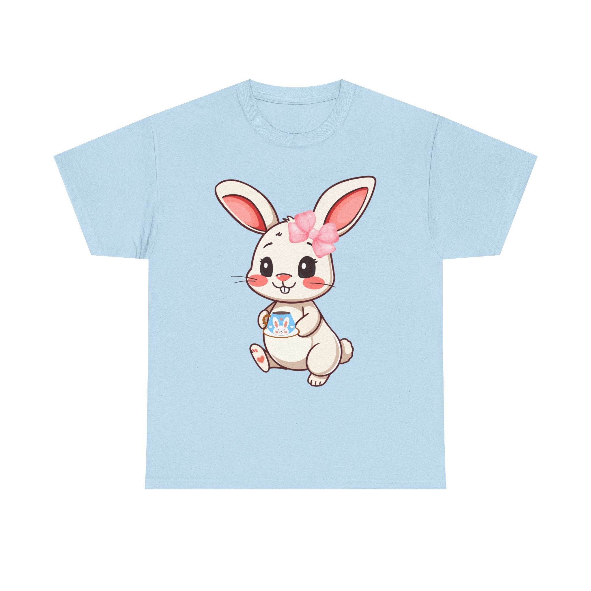 Light blue t-shirt with a cartoon bunny design on a white background