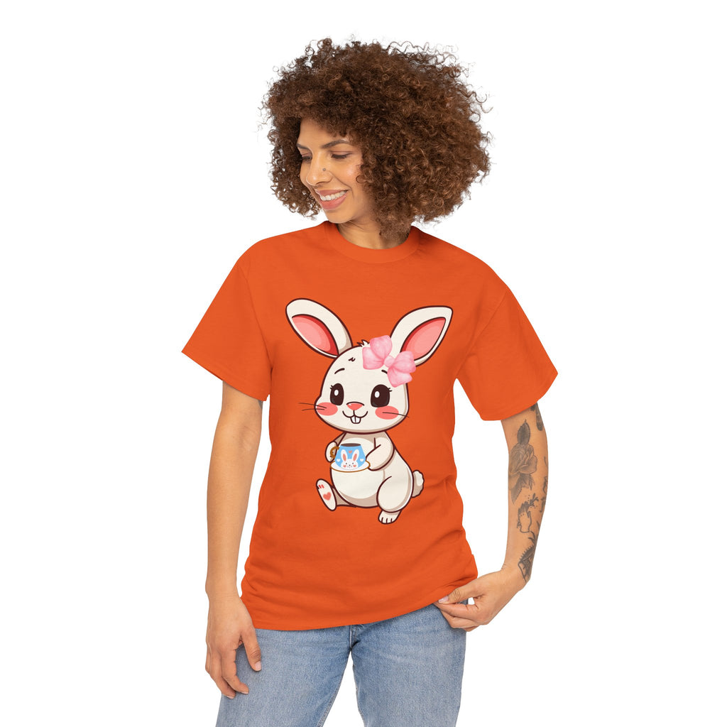Person wearing an orange t-shirt with a cartoon bunny design on a white background