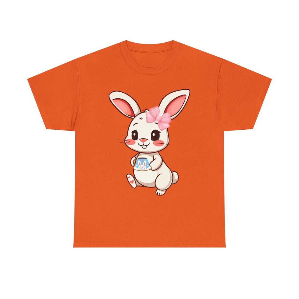 Orange t-shirt with a cartoon rabbit design on a white background