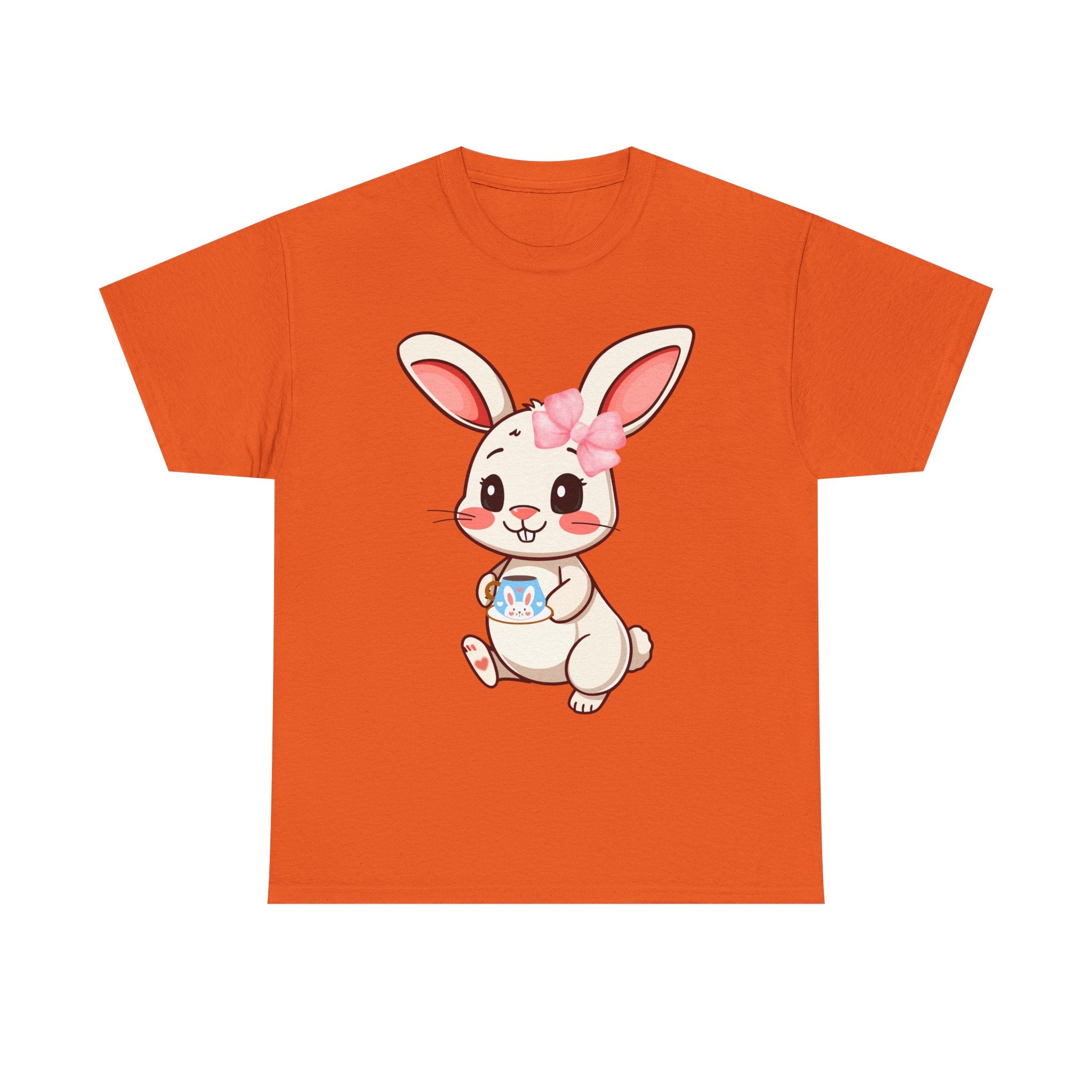Orange t-shirt with a cartoon rabbit design on a white background