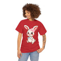 Person wearing a red t-shirt with a cartoon bunny design on a white background