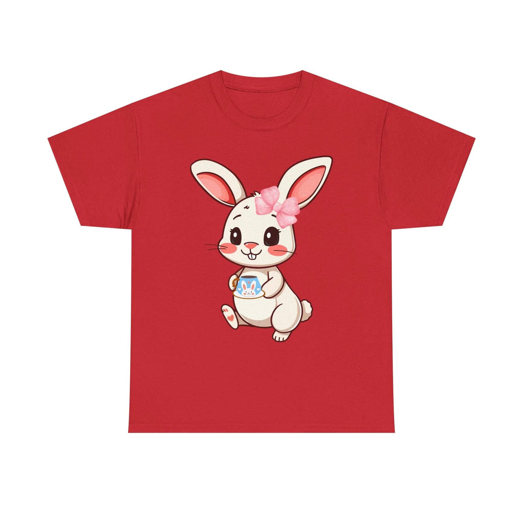 Red t-shirt with a cartoon bunny wearing a pink bow on a white background