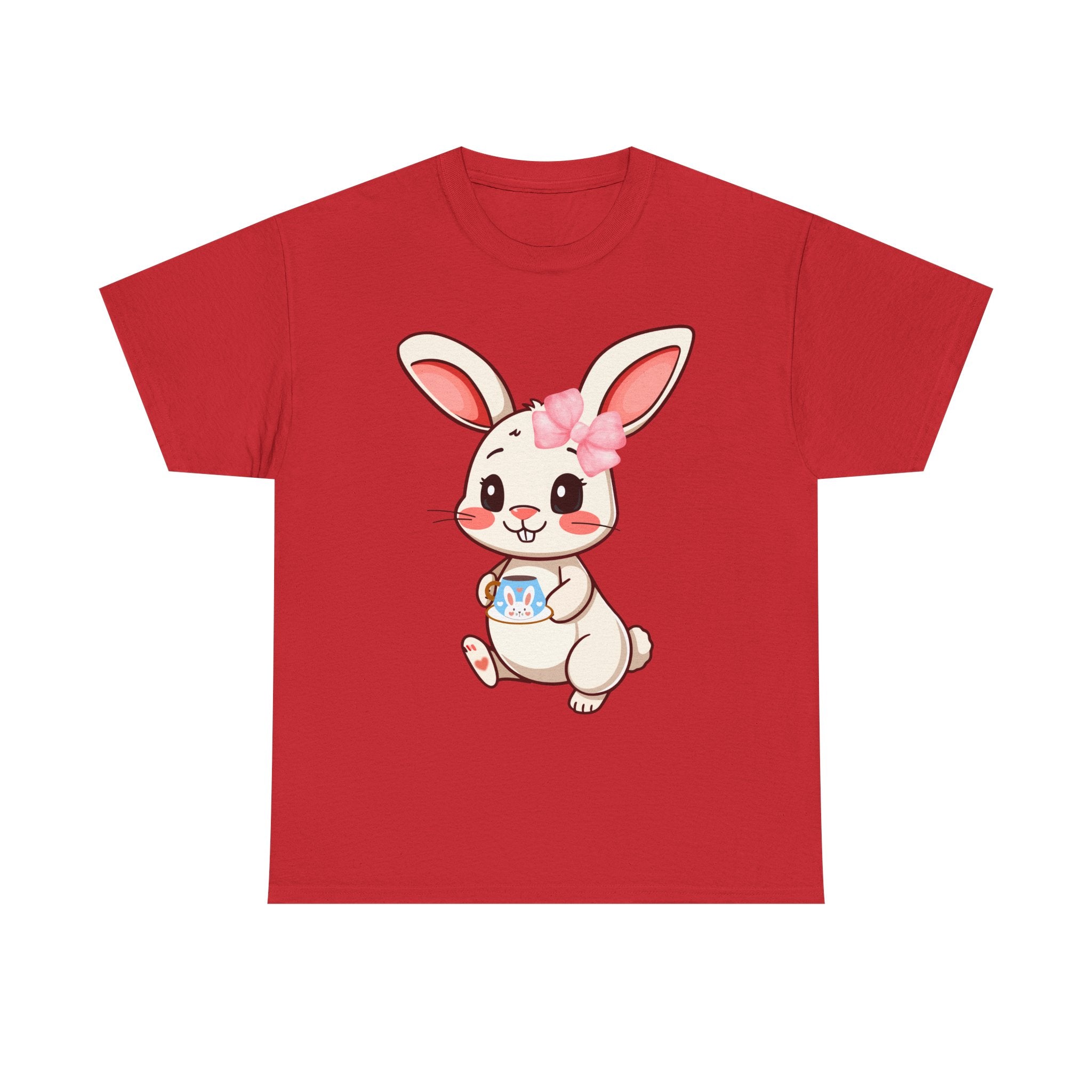 Red t-shirt with a cartoon bunny wearing a pink bow on a white background